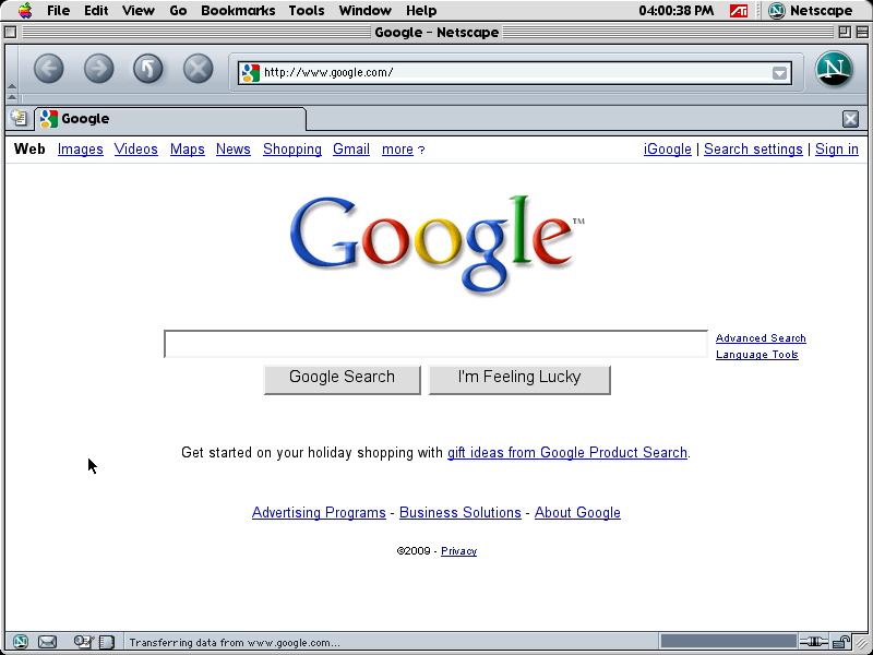 Netscape 7 for Mac performing 2009 Google Search (2003)